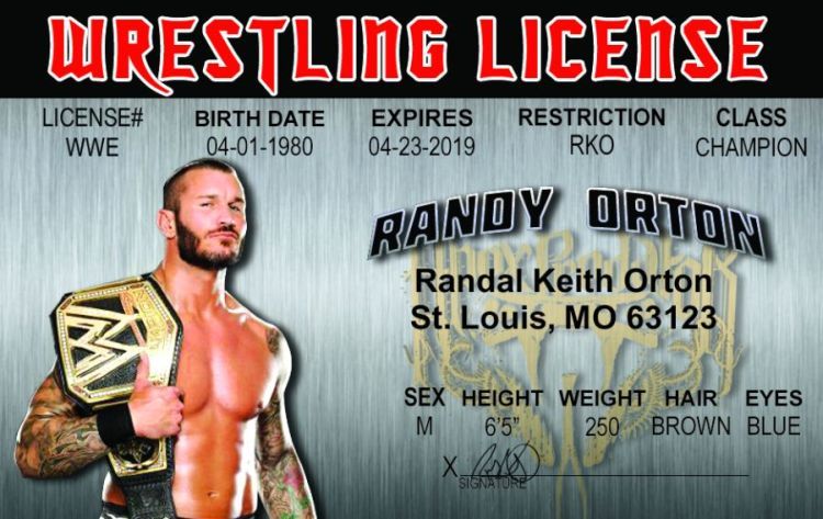 Randy Orton wrestling novelty collectors card Drivers License