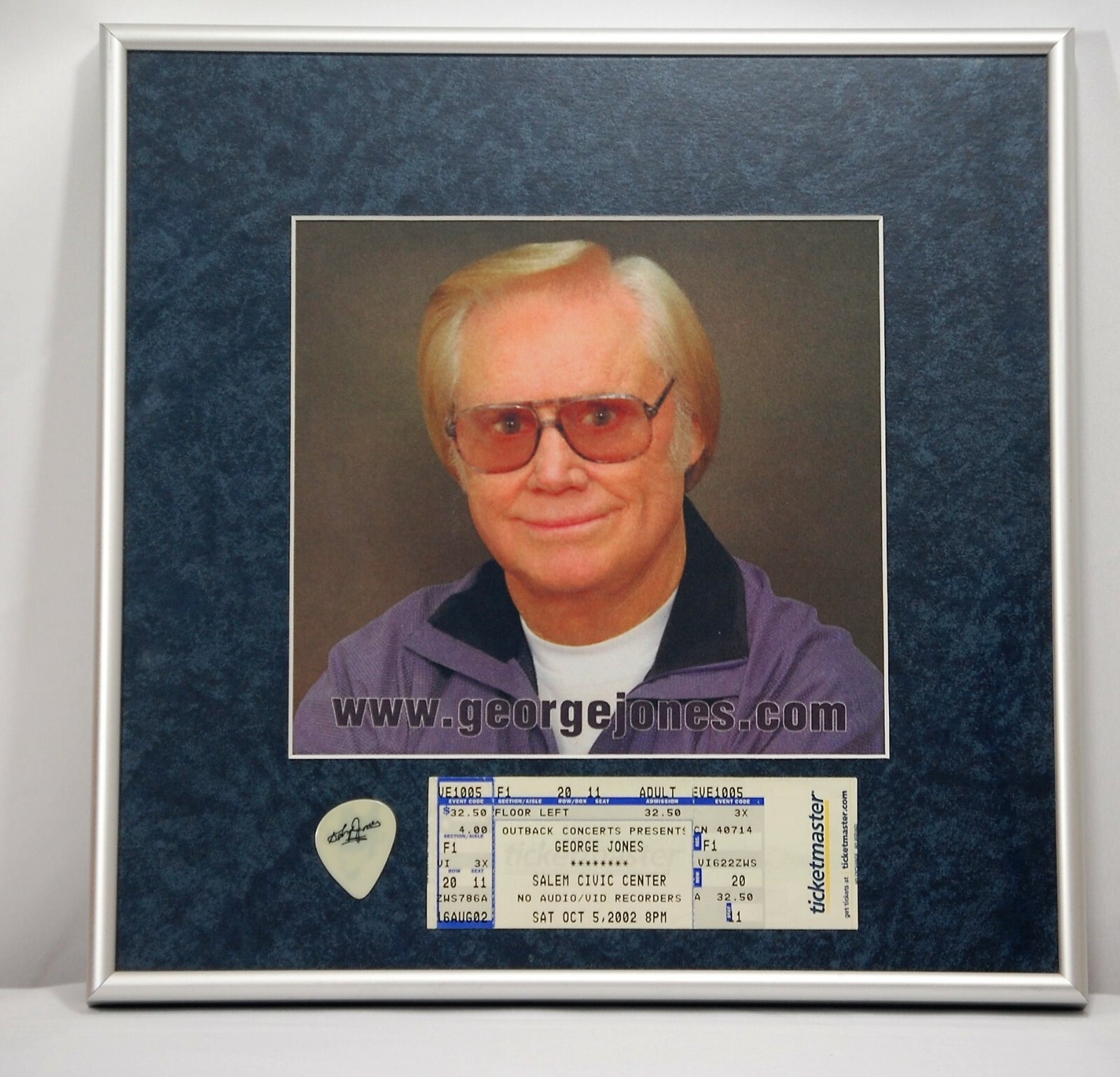 George Jones Custom Framed Guitar Pick & Ticket Stub Live Concert One of a Kind!