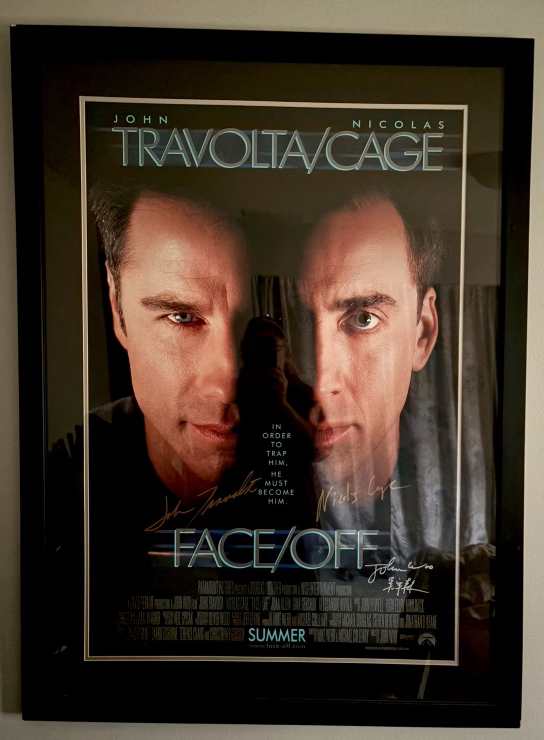 Face/Off Framed Movie Poster Signed By John Travolta Nick Cage John Woo 48×36”