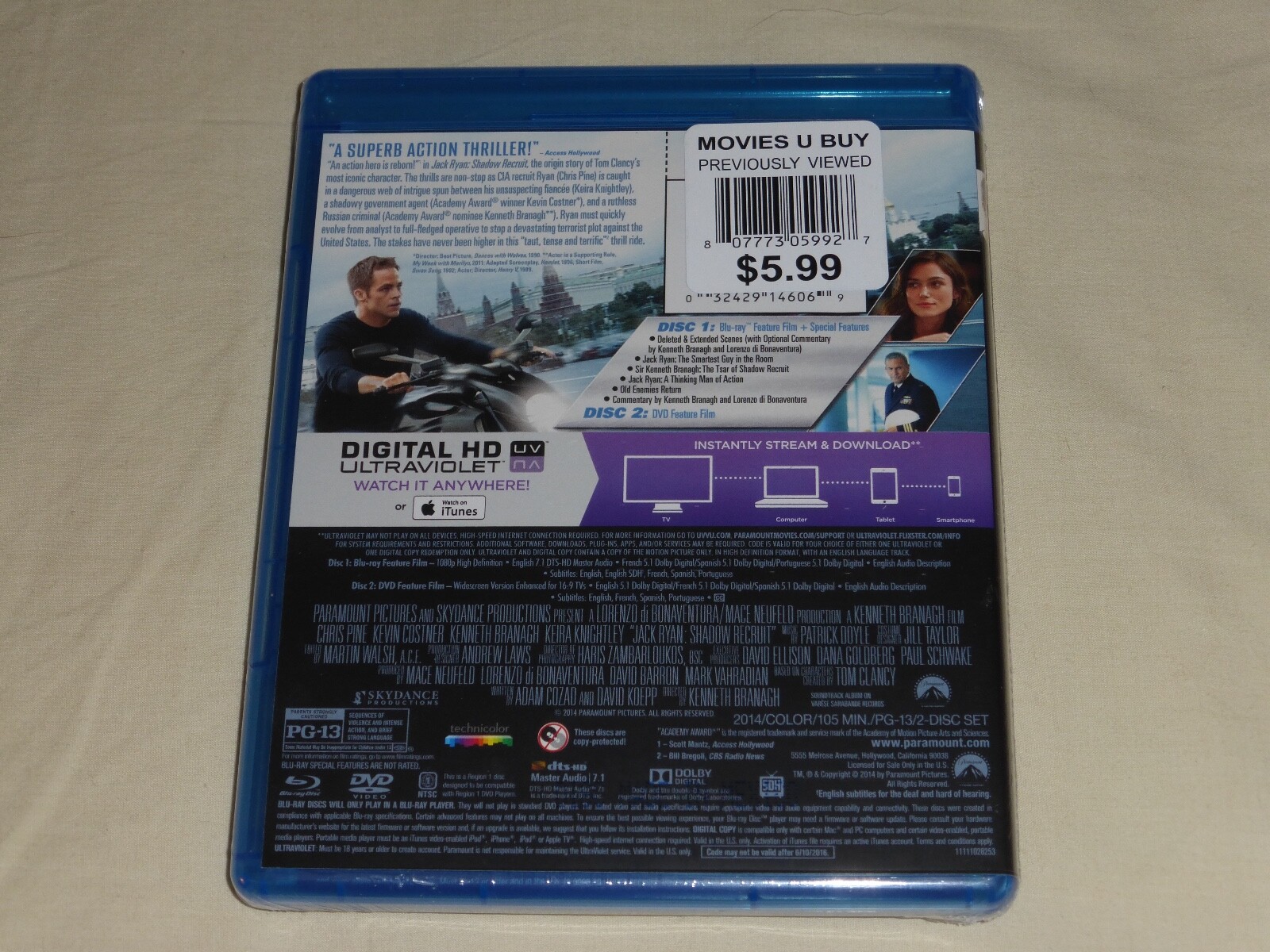 Jack Ryan Shadow Recruit Blu-ray Disc and Case Only sealed – Previously Viewed