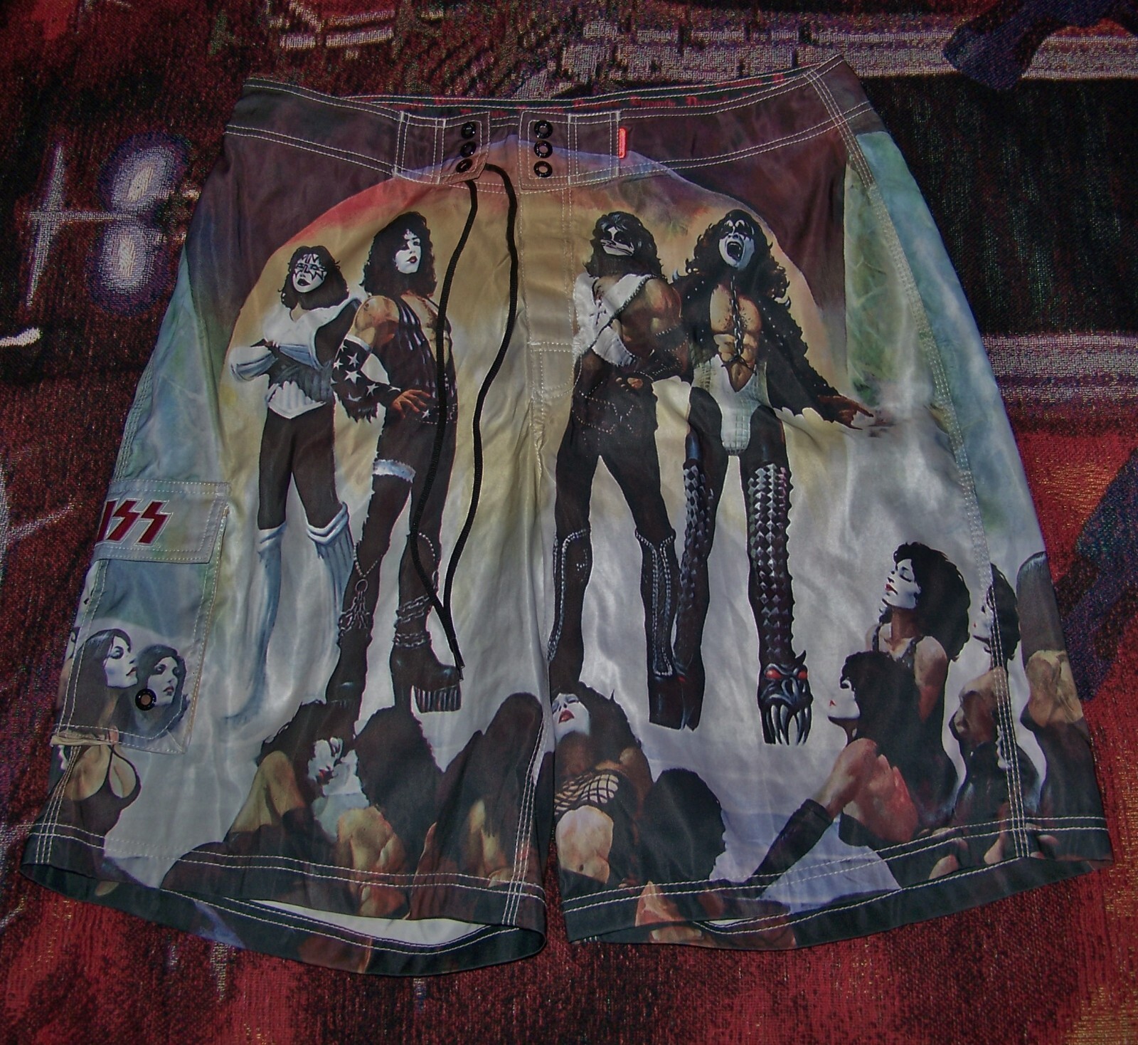 Vintage KISS LOVE GUN LP Art Dragonfly Polyester Swim Suit Surf Board Shorts 36
