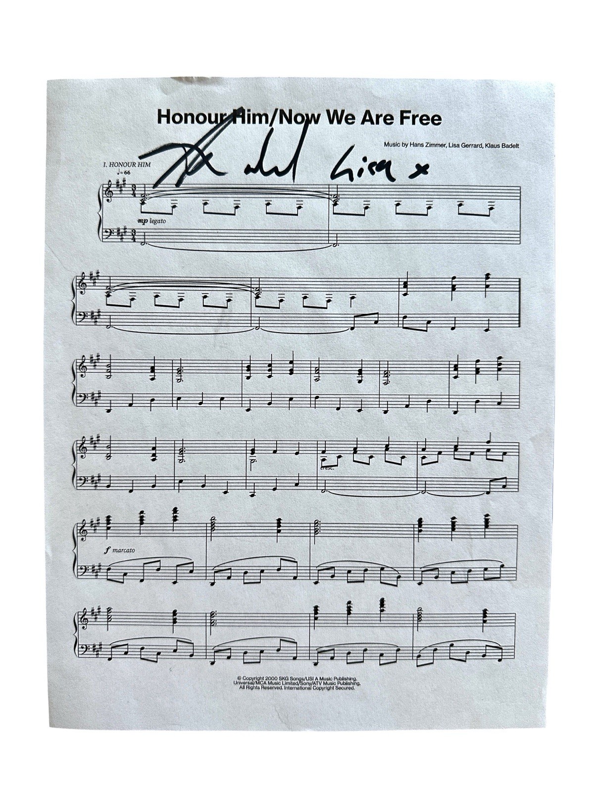 Lisa Gerrard Signed Honour Him/Now We Are Free Sheet Music Gladiator Hans Zimmer