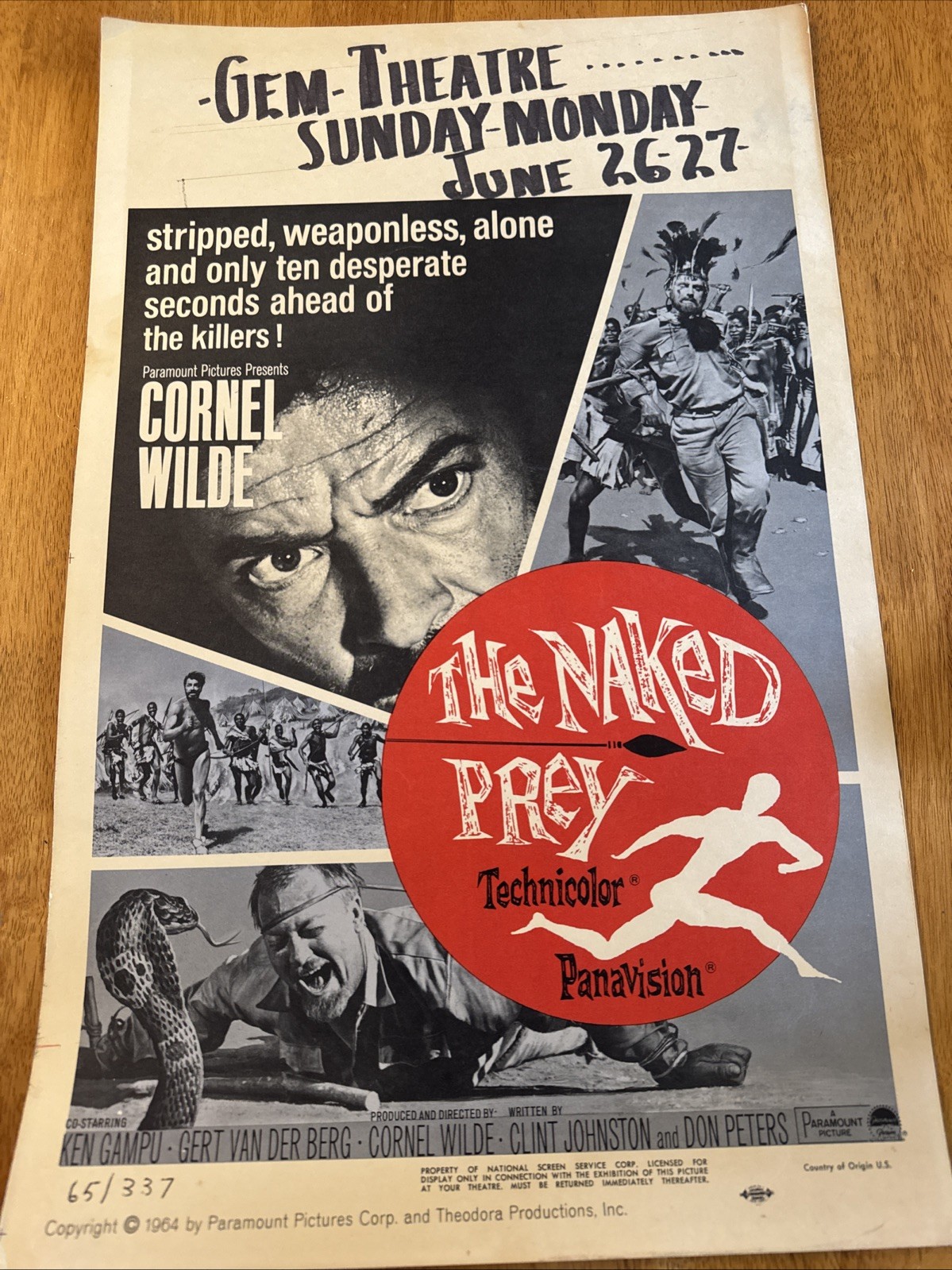 THE NAKED PREY Original 1964 Movie Promo Poster Cornel Wilde RARE!