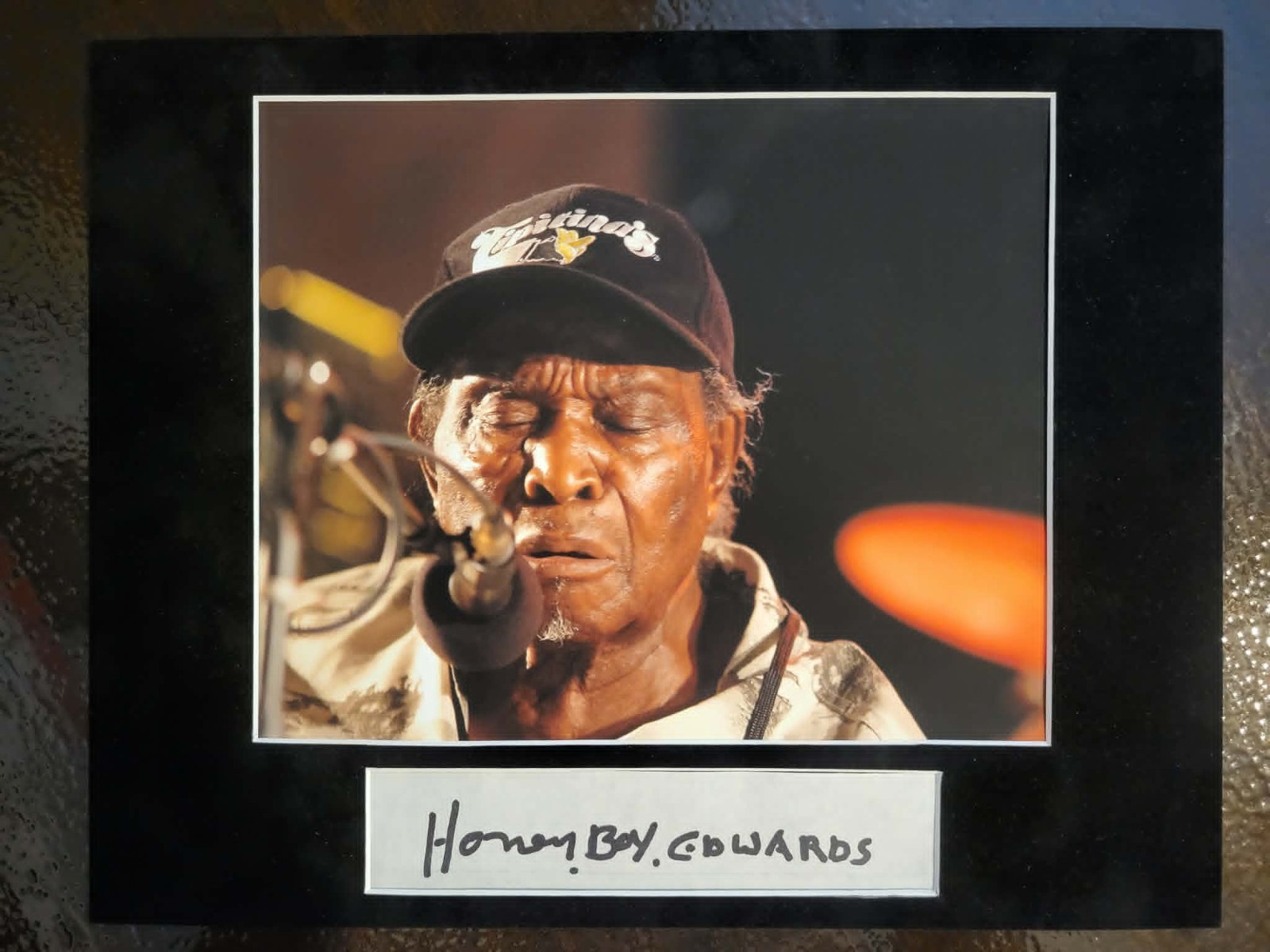 David Honeyboy Edwards. Autographed paper with 8×10 photo. Framed 11×14