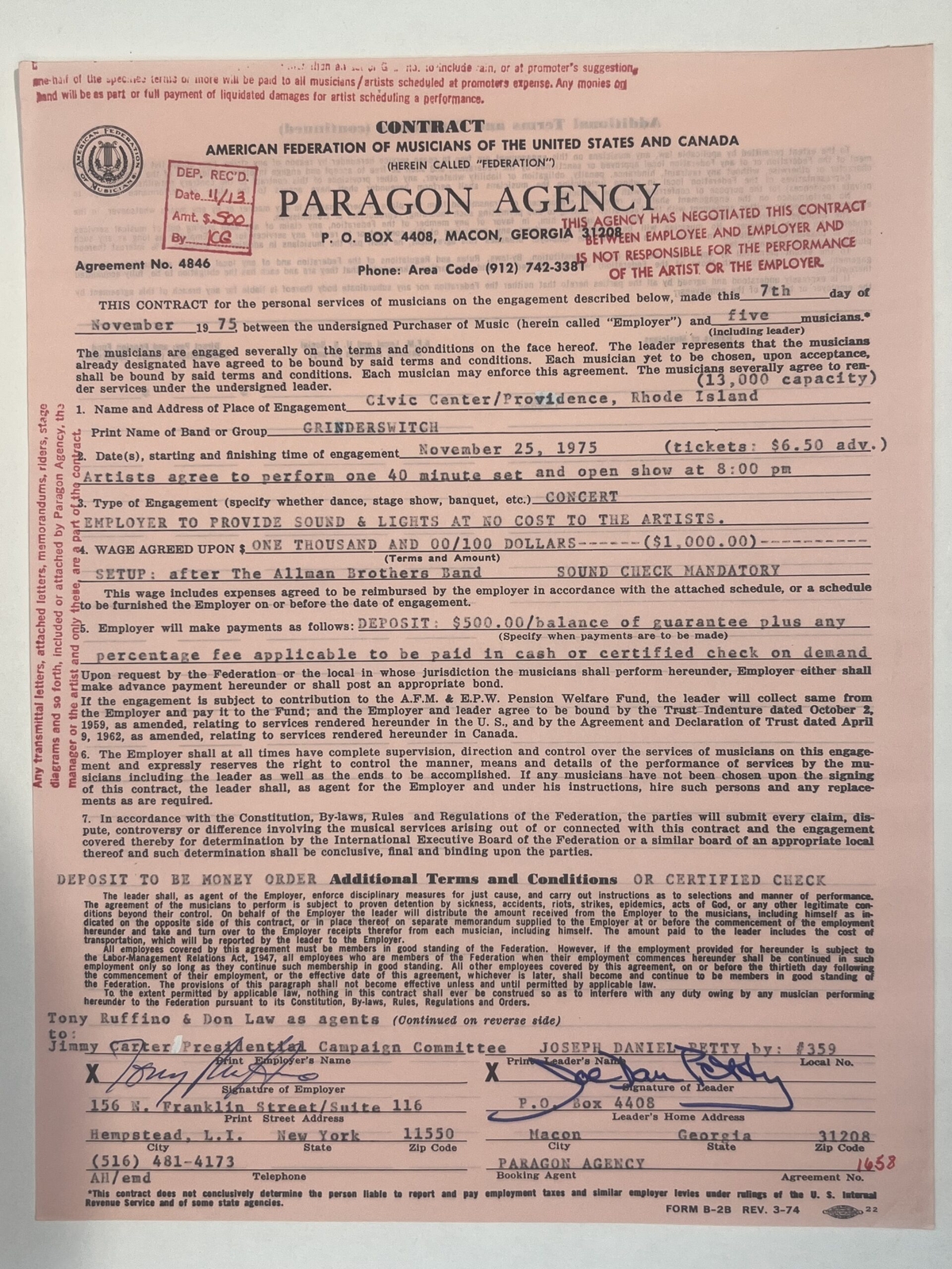 Grinderswitch Concert Contract 1975 Providence RI