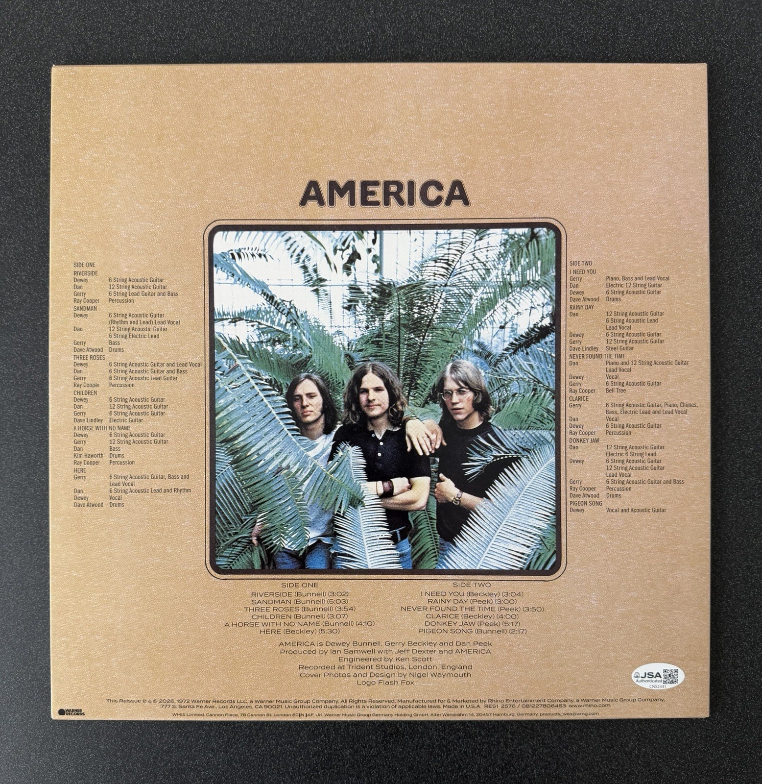 DEWEY BUNNELL SIGNED AMERICA SELF-TITLED VINYL RECORD ALBUM LP W/ LYRIC INSC JSA