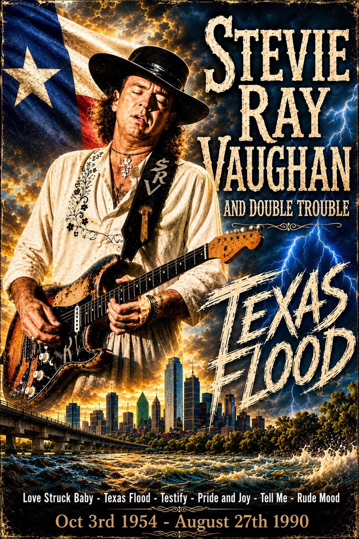 Stevie Ray Vaughan Texas Flood Double Trouble Guitar Fan Art Gloss Poster