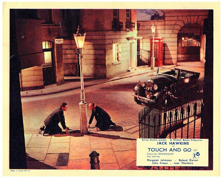 Touch and Go original lobby card Jack Hawkins on London street with old car