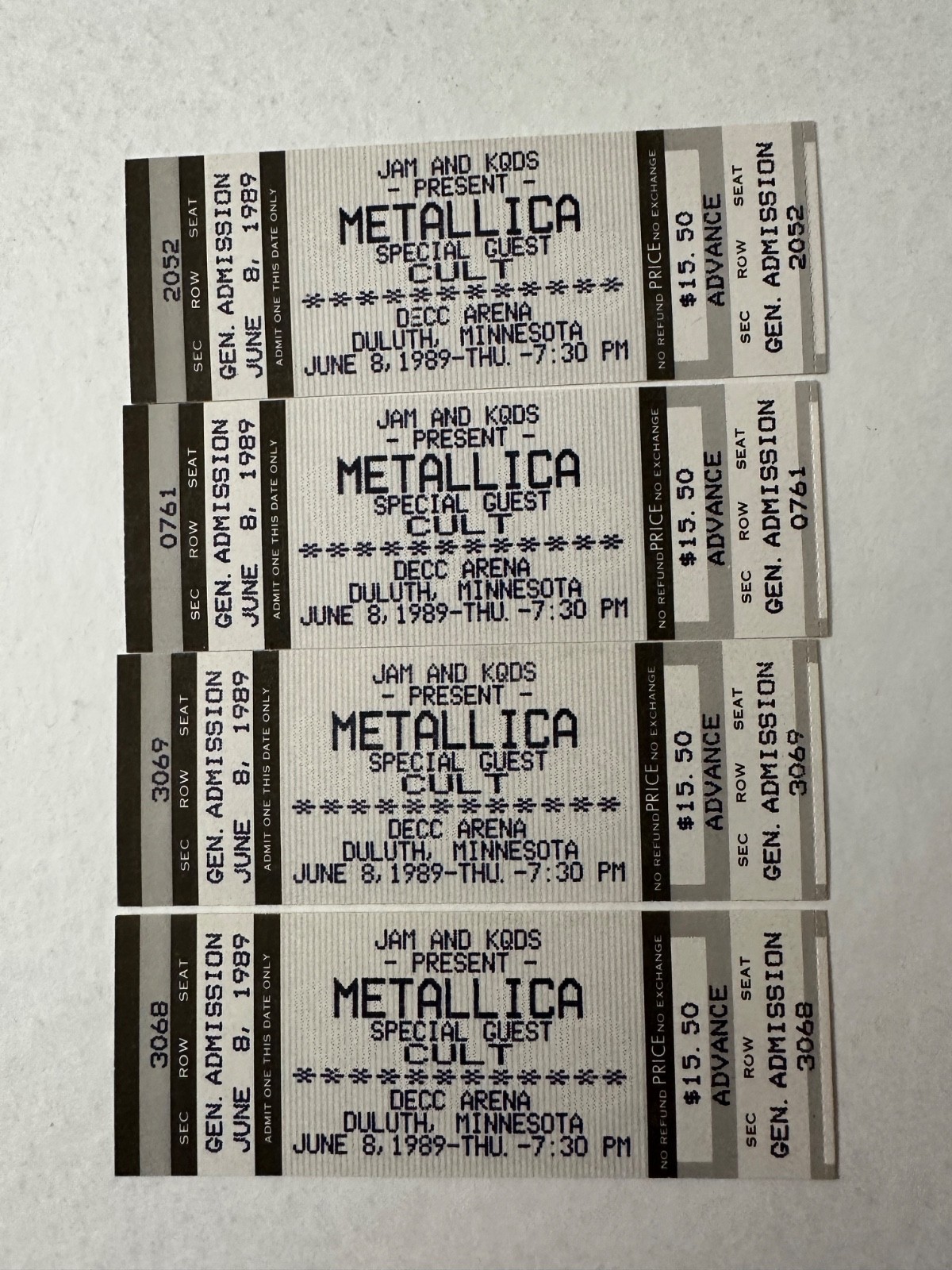 METALLICA Concert TICKET STUBS Duluth, MN. LOT OF 4 – June 8, 1989!