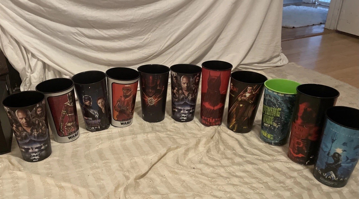 Lot Of 11- Movie Theater Drunk Cups – Marvel Star Wars -Batman -Flash FAST X-MEG
