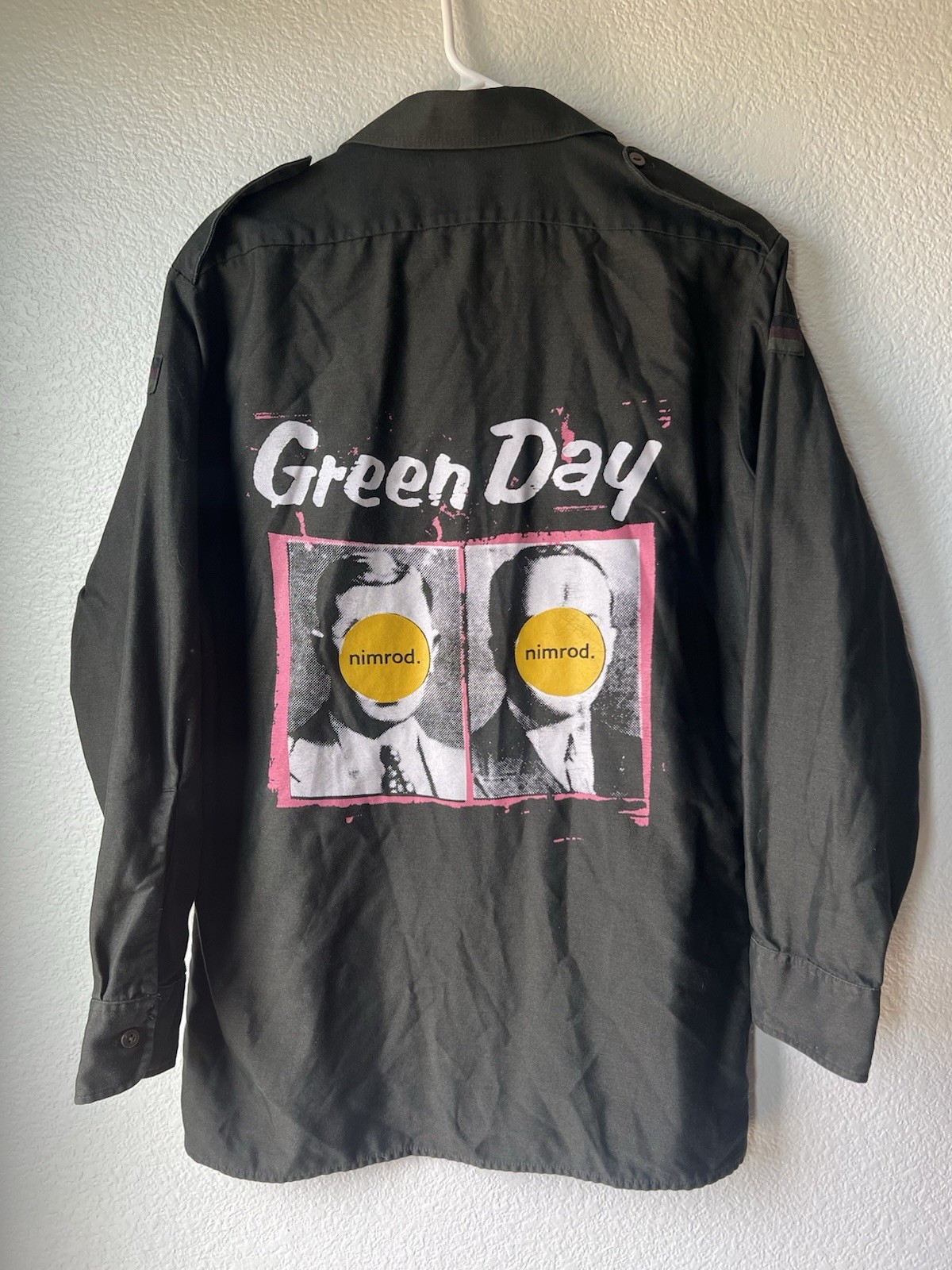 Vintage Green Day Nimrod Button Down Green German Military Shirt Punk Medium