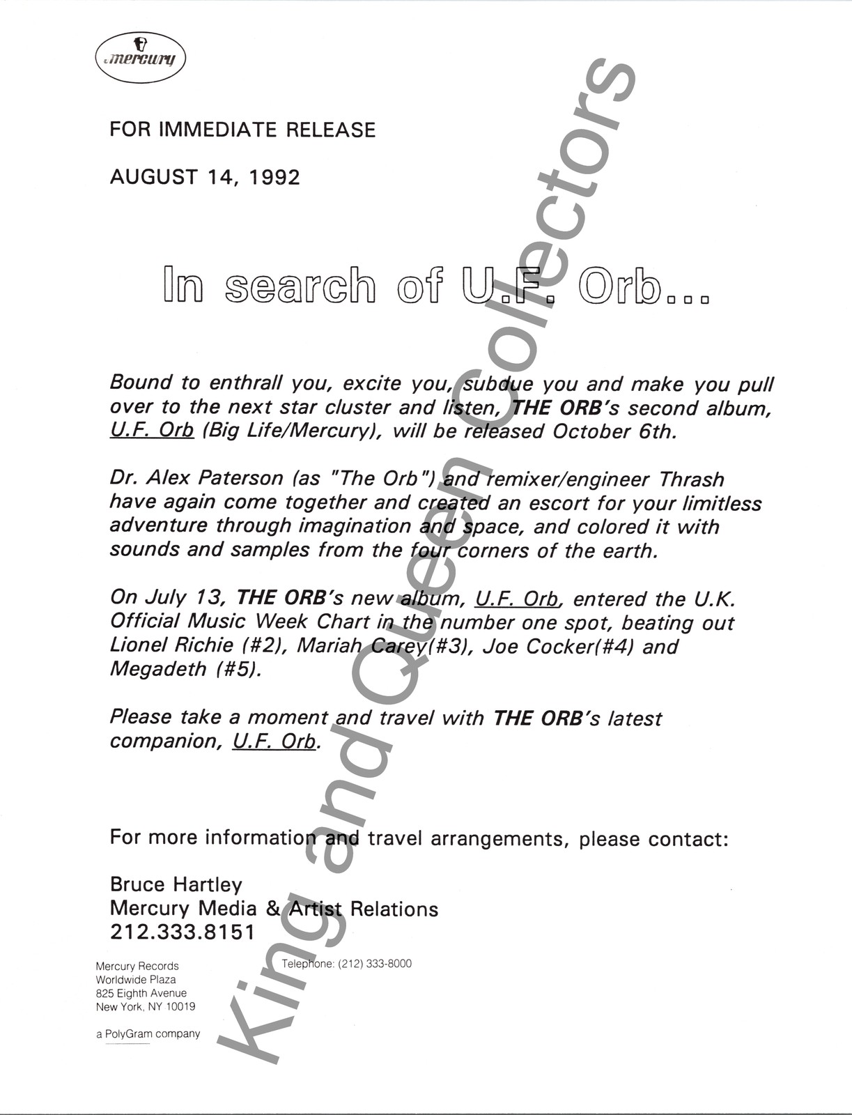 The Orb 1992 Original Mercury Records Press Kit Press Release U.F. Orb