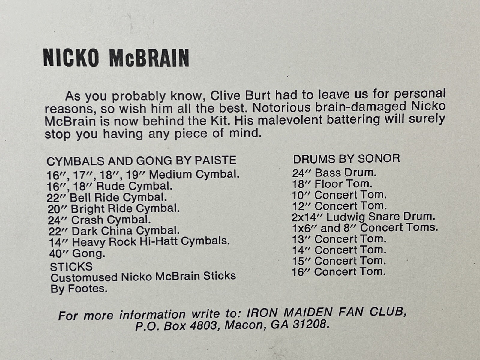 Vintage 1984 Iron Maiden Holdings “Nicko McBrain” 8inx10in Series D, Print 2