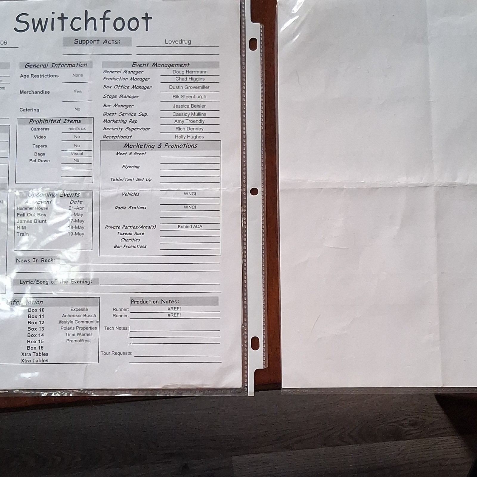 Switchfoot 2006 Pass Sheet & Show Paperwork w/ Ticket Stub + Food Notes