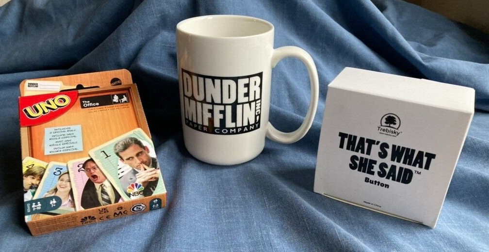 THE OFFICE Dunder Mifflin TREBISKY THAT’s WHAT SHE SAID Button + MUG + UNO cards