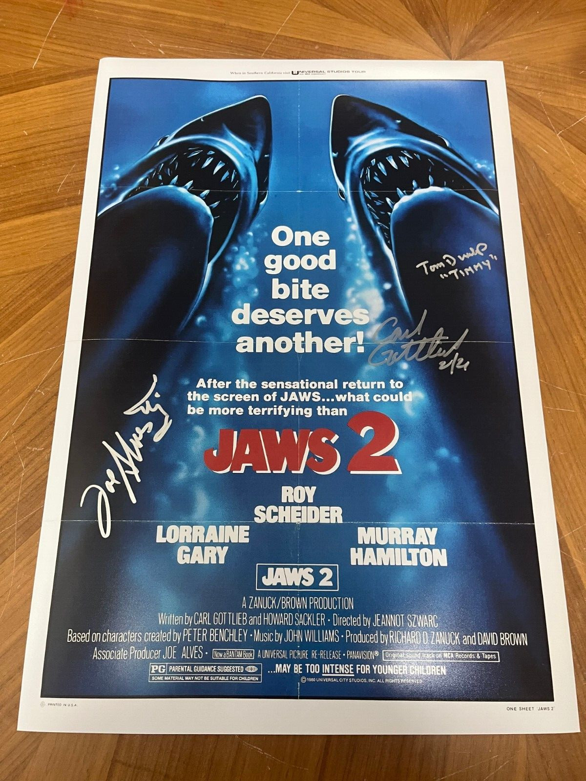 * JAWS 2 * signed 12×18 poster * CARL GOTTLIEB, JOE ALVES & TOM DUNLOP * 9