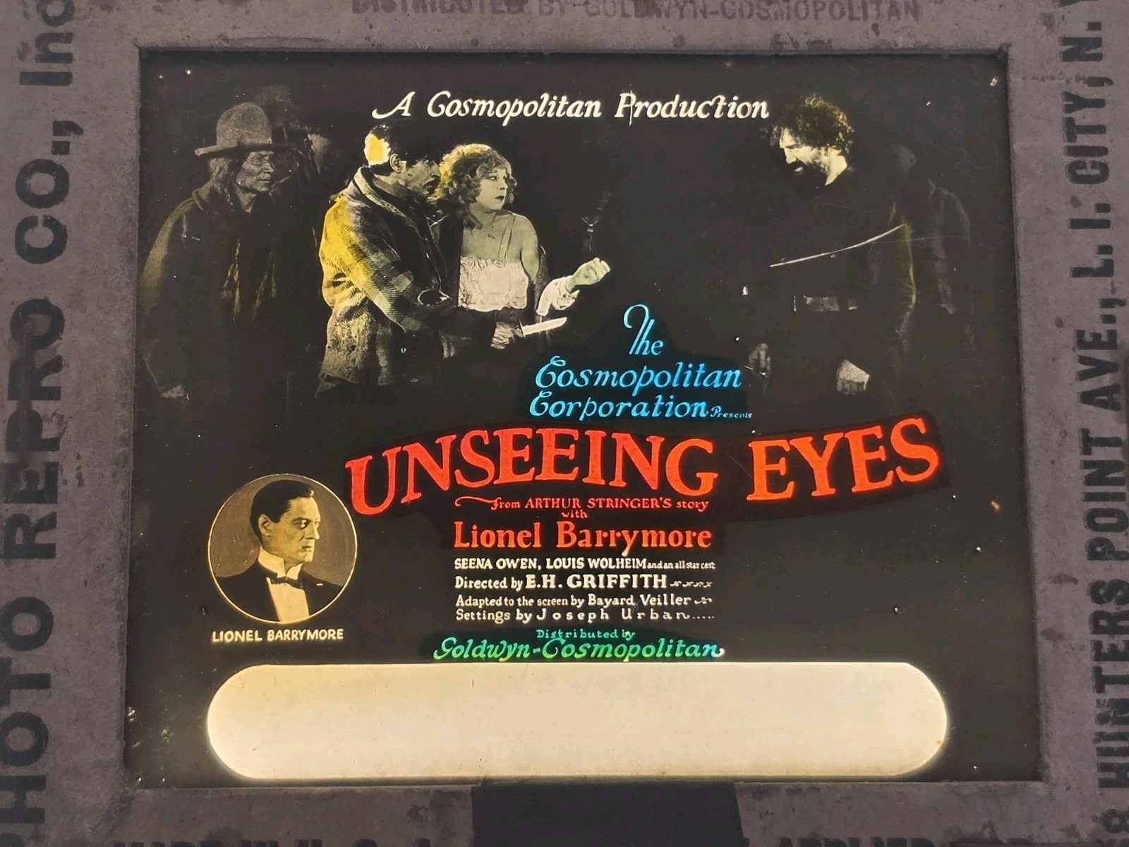 Vintage 1923 “Unseeing Eyes” Lost Film Magic Lantern Glass Slide L. Barrymore