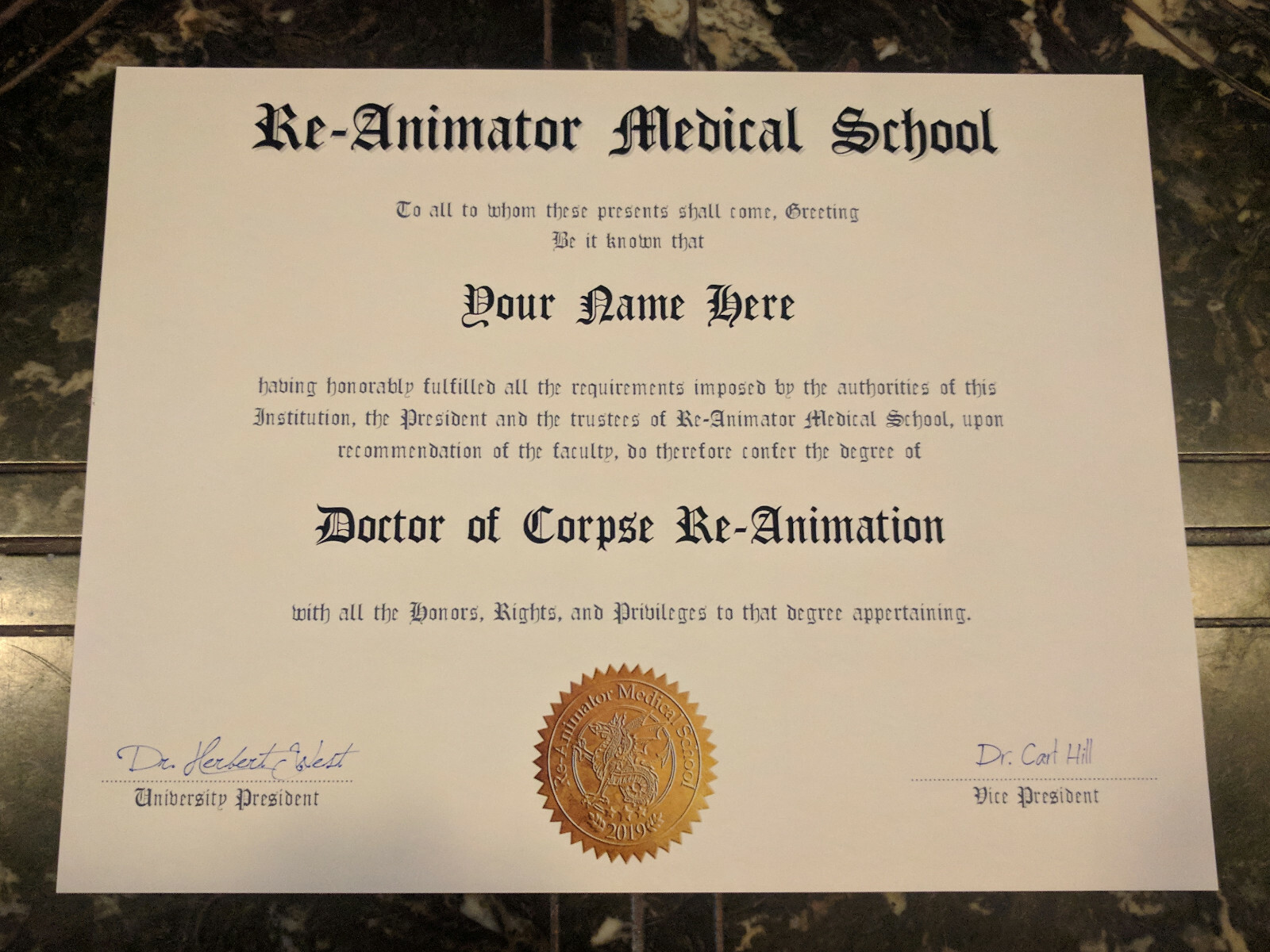 RE-ANIMATOR MEDICAL SCHOOL Diploma w/Your Name, Horror Gift, Halloween Prop
