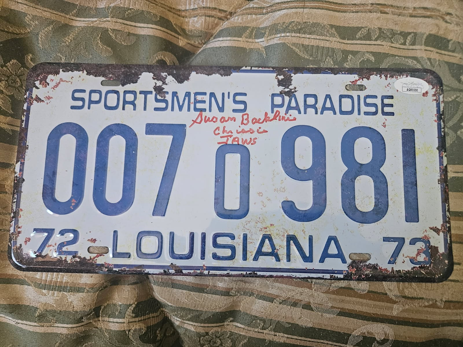 JAWS Louisiana rusted license Plate Autographed by 1st Victim JSA Certified
