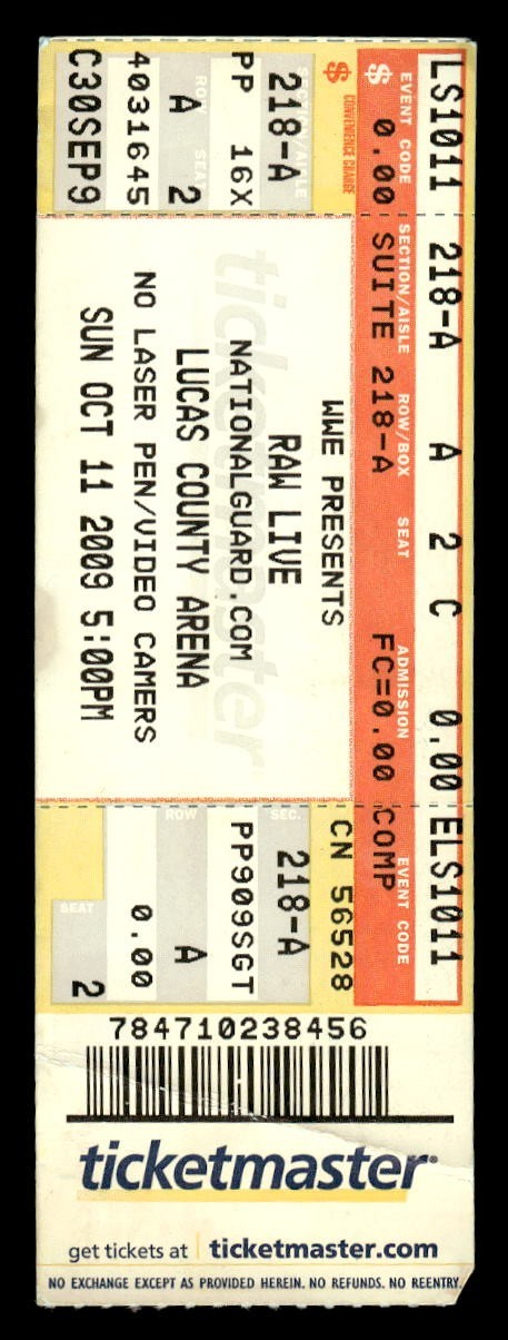 WWE Raw Ticket John Cena def. Randy Orton Toledo, Ohio 10/11/2009