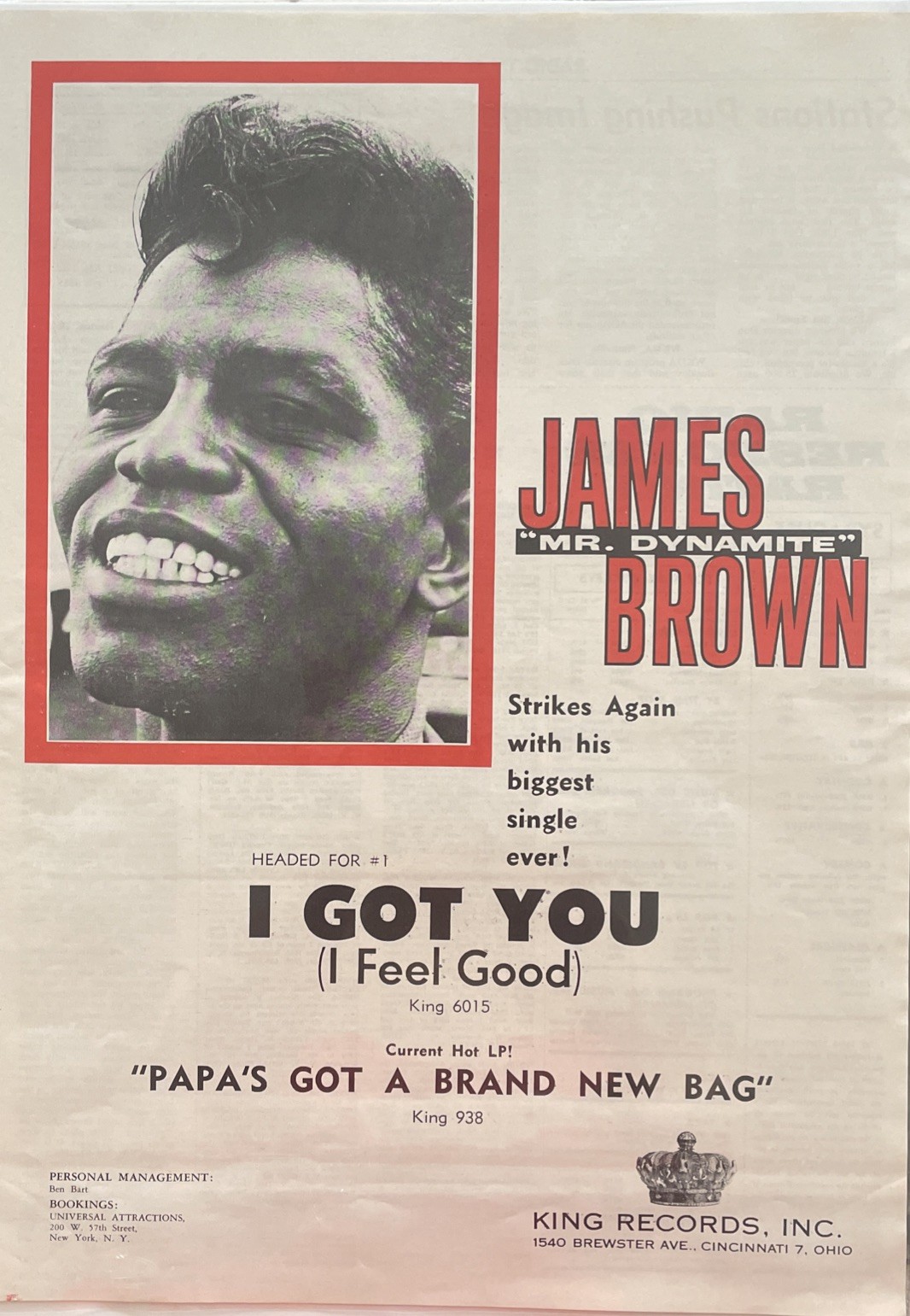 1965 JAMES BROWN, Papas Got A Brand New Bag / I Got You , King Records Promo Ad
