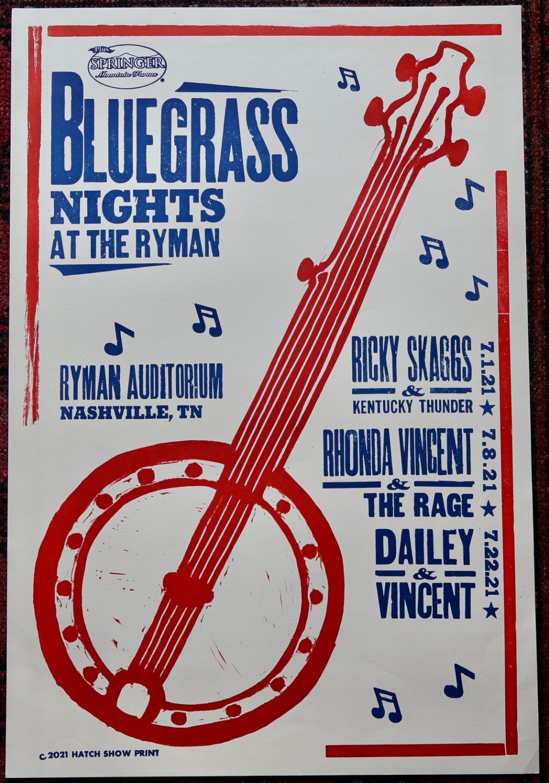 Bluegrass Nights at the Ryman 2021 Hatch Poster –Skaggs, Rhonda Vincent, Dailey