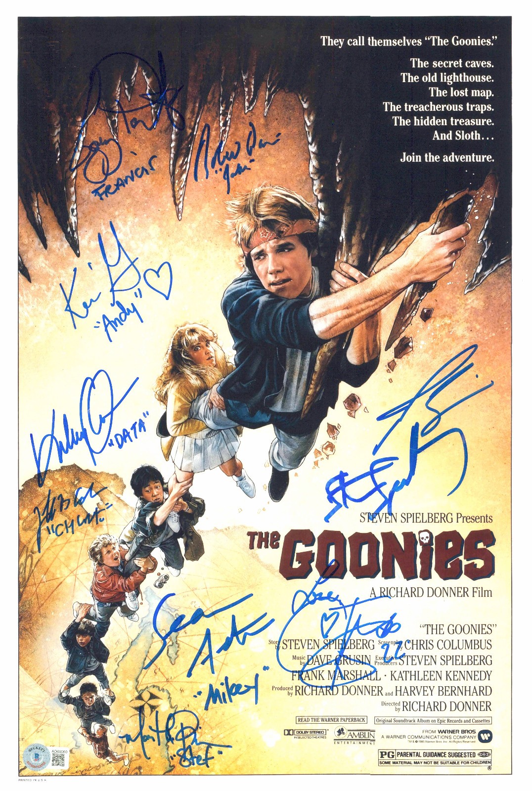 GOONIES FULL CAST SIGNED 12X18 PHOTO 9 AUTOGRAPHS BROLIN FELDMAN BECKETT LOA
