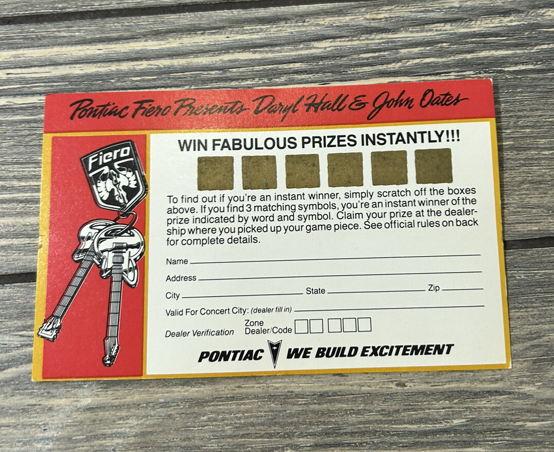 Vtg Promo Pontiac Fiero Presents Daryl Hall and John Oates Promo Ad Scratcher