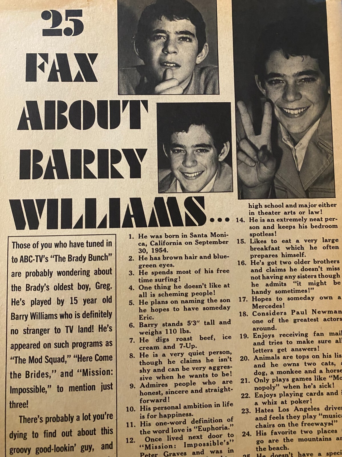 Barry Williams, The Brady Bunch, Full Page Vintage Clipping