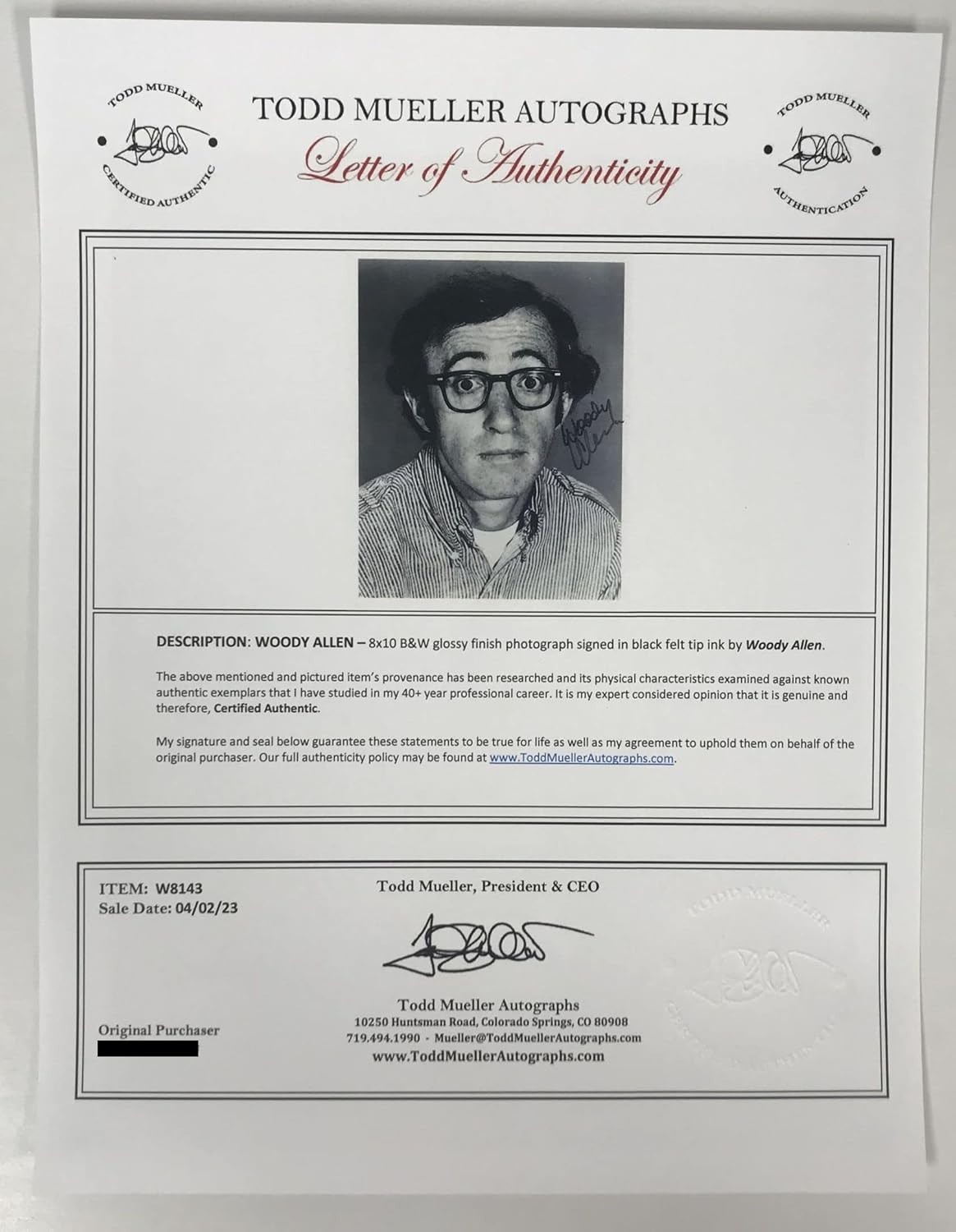 Woody Allen Signed Autographed Glossy 8×10 Photo – Todd Mueller Authenticated