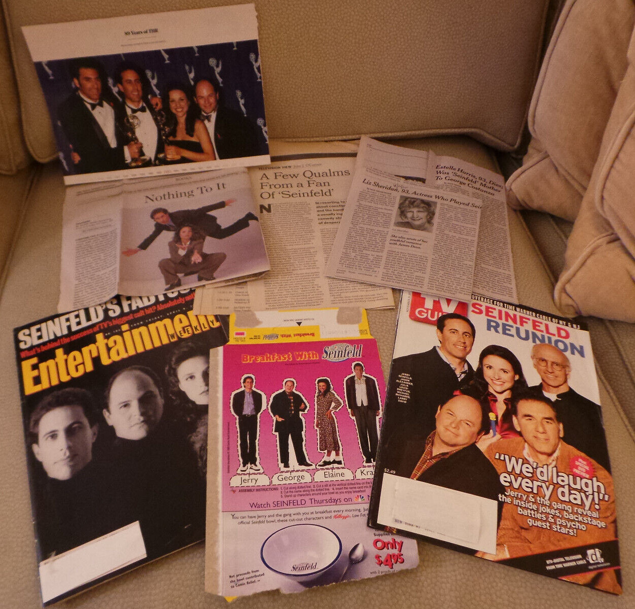 Seinfeld Lot Entertainment Weekly 1993; Cereal Box cutout; TV Guide FabFour ’04