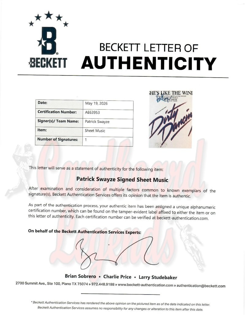 Patrick Swayze Signed Autographed Sheet Music Dirty Dancing BAS AE63953