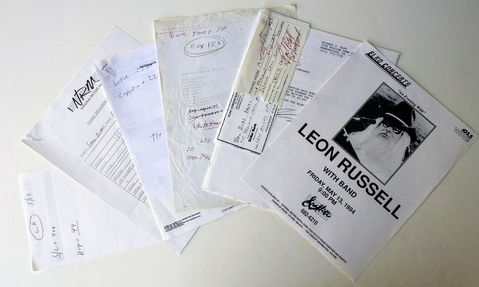 Leon Russell Concert Contract 1994 Pittsburgh, PA Original