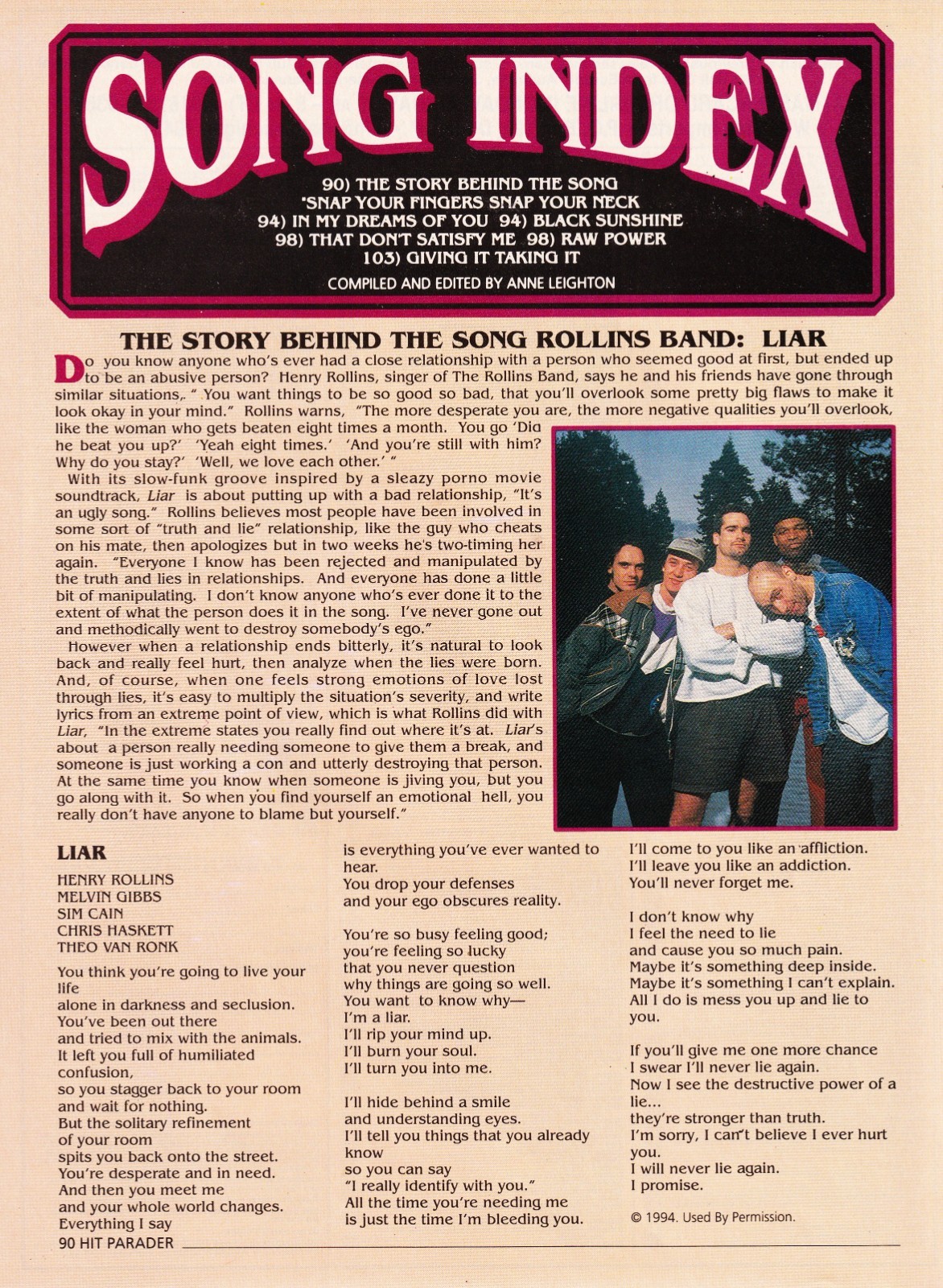 HENRY ROLLINS BAND LIAR LYRICS & ARTICLE-1994 MAGAZINE PINUP CLIPPING-BLACK FLAG