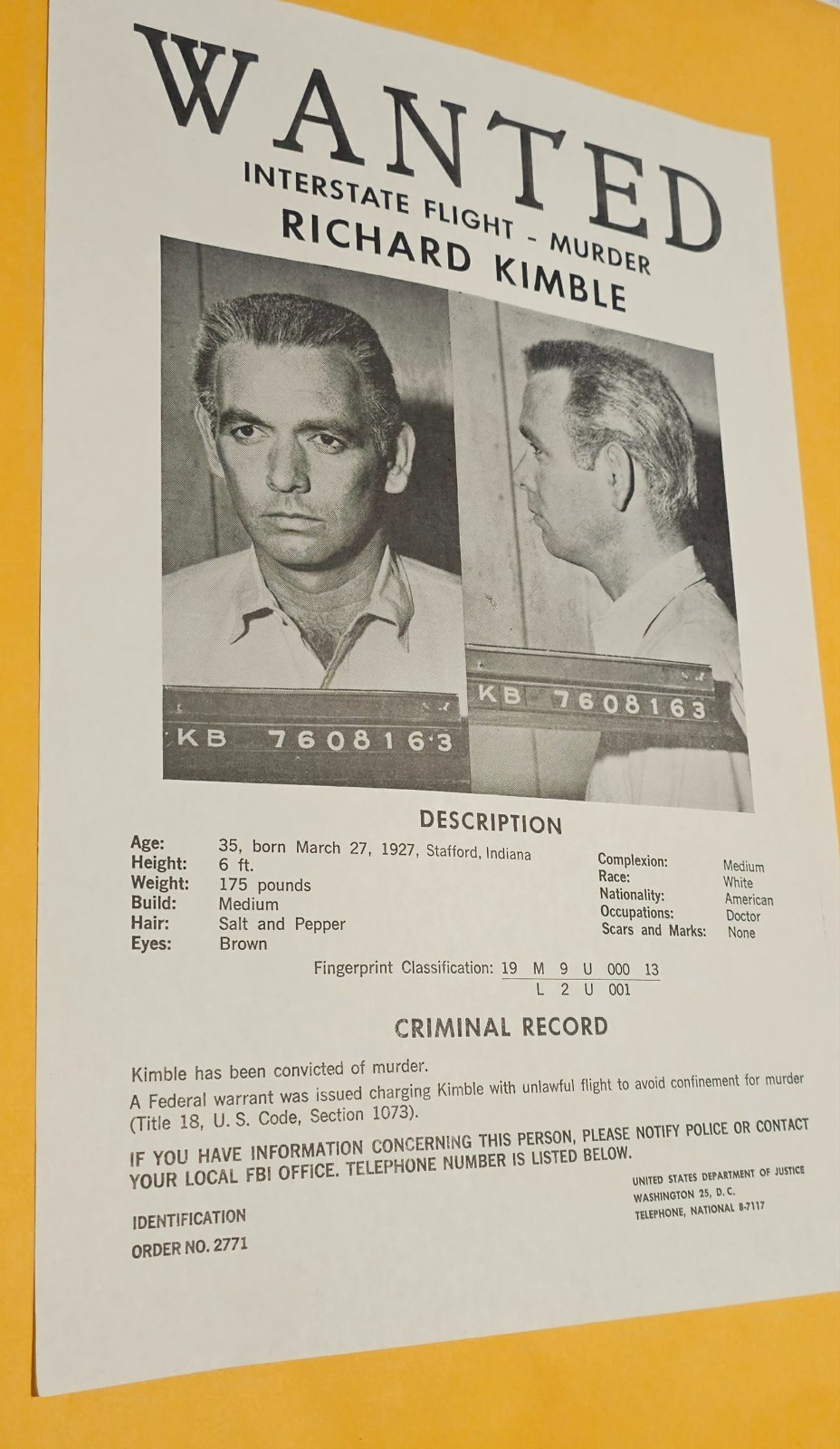 The Fugitive – Original TV Prop – Richard Kimble Wanted Poster – David Janssen