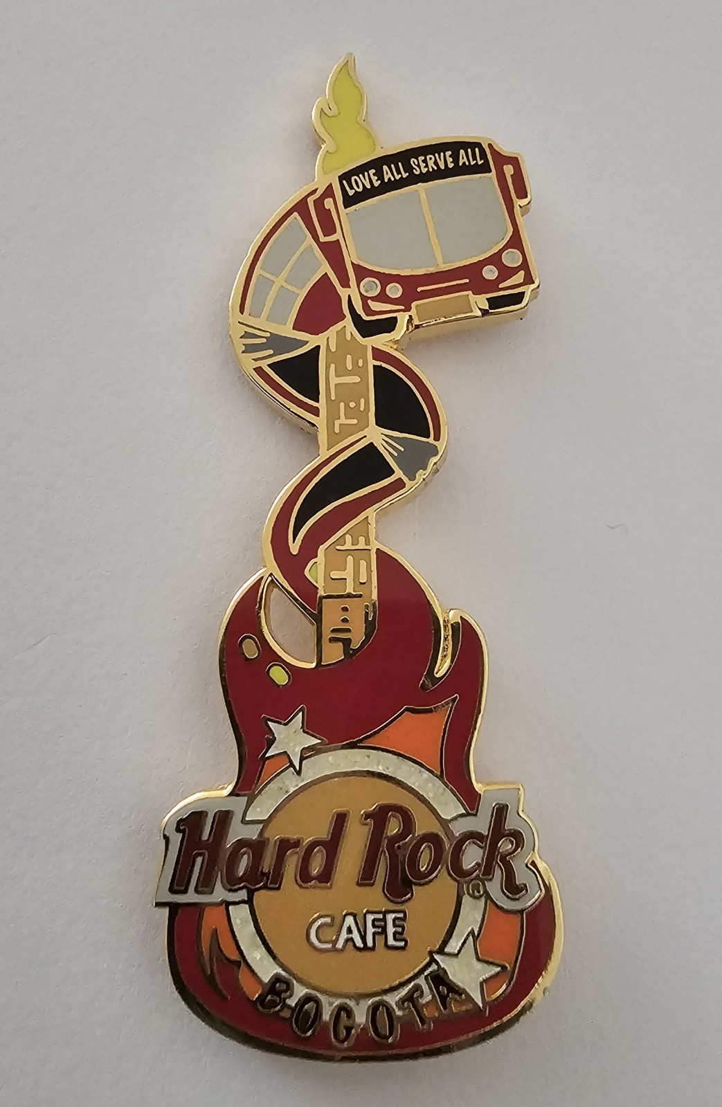 Rare Bogota Hard Rock Cafe Pin. Ltd 400. Love All Serve All. Red Flames Guitar.
