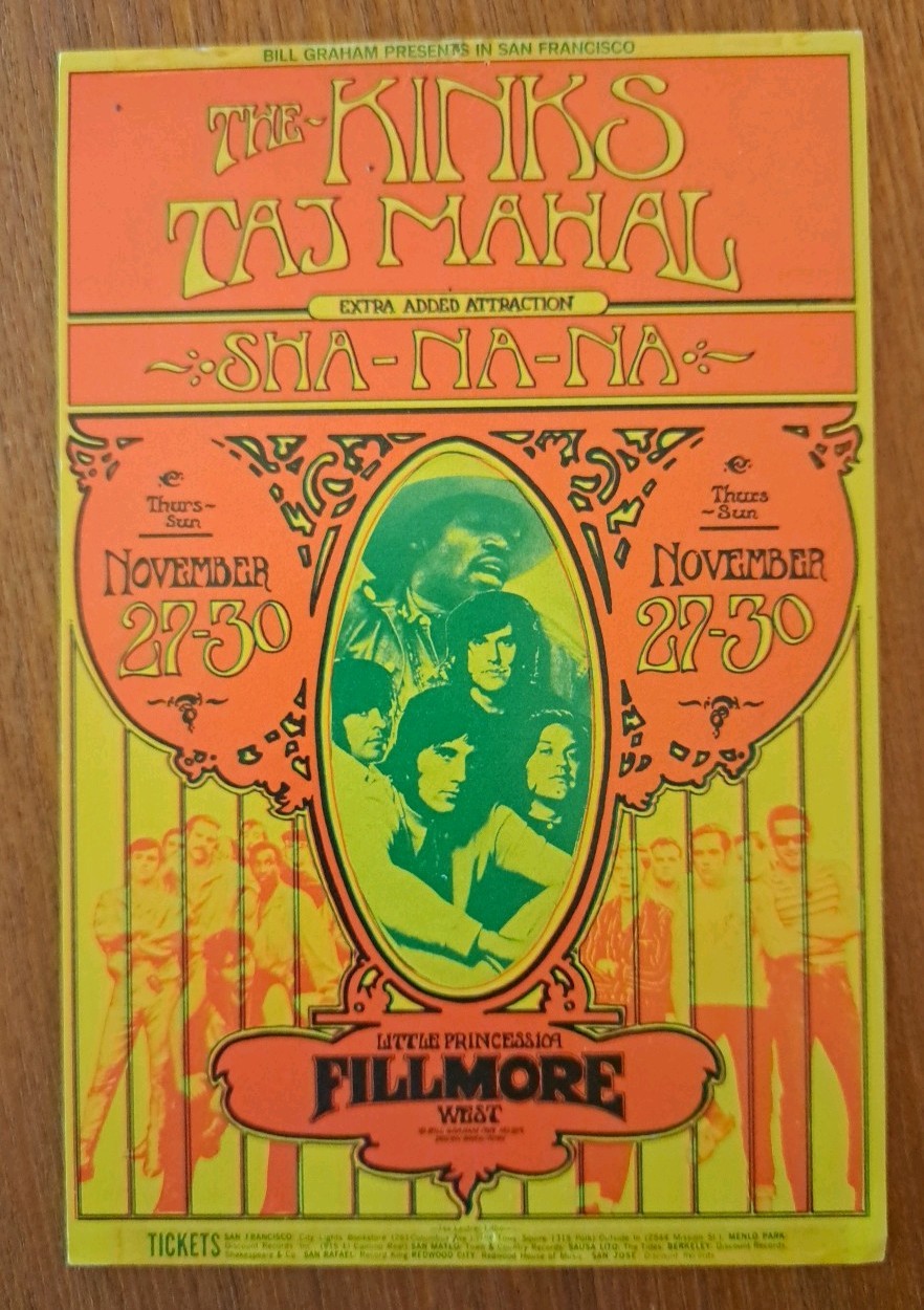 The Kinks / Taj Mahal / Sha Na Na Original 1969 Handbill Bill Graham BG-204