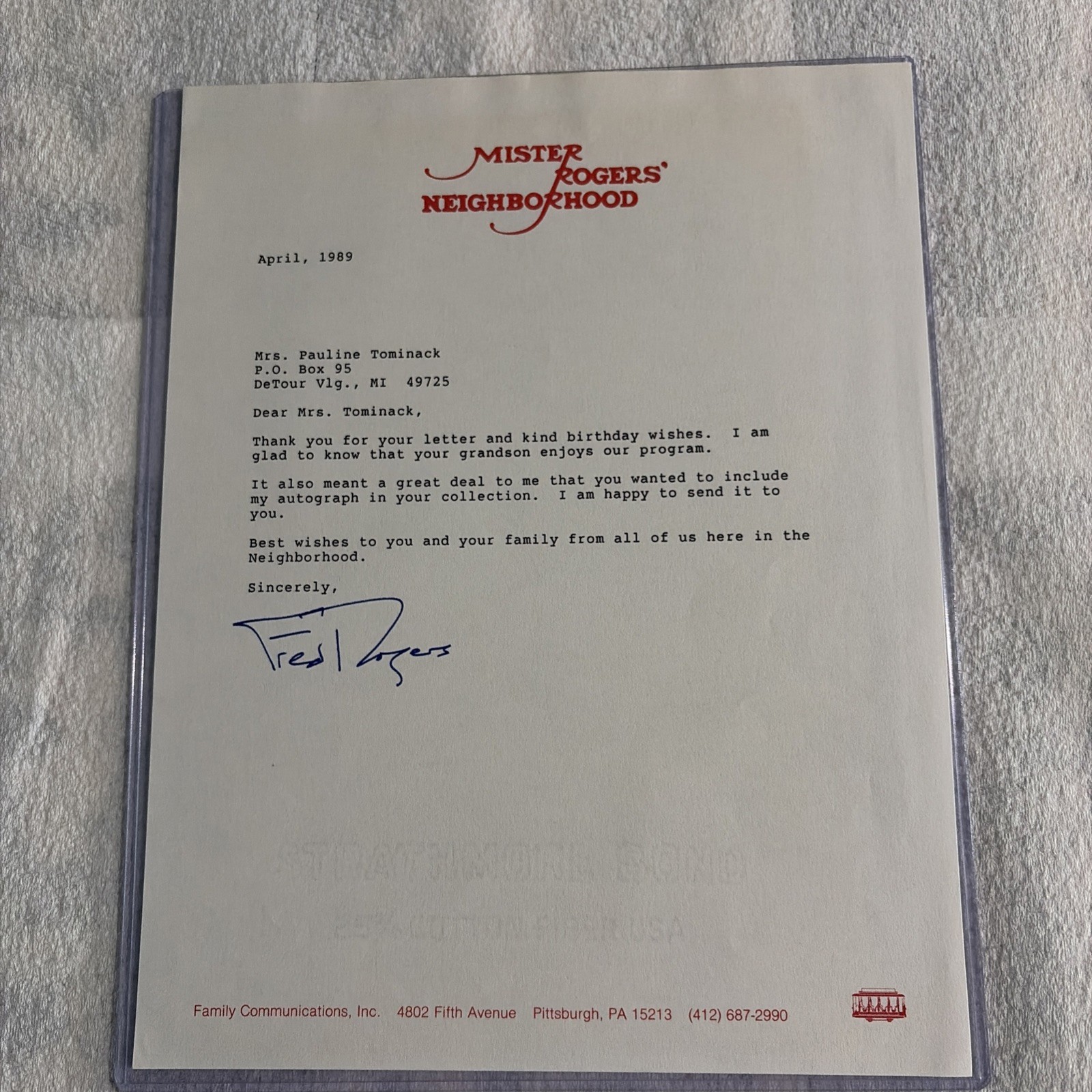 Mr. Rogers Hand Signed Letter From 1989