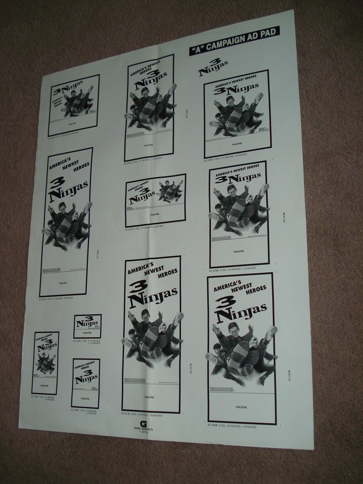3 NINJAS Original 1992 Rolled One-Sheet & Campaign “A” Glossy Ad Slick Sheet!