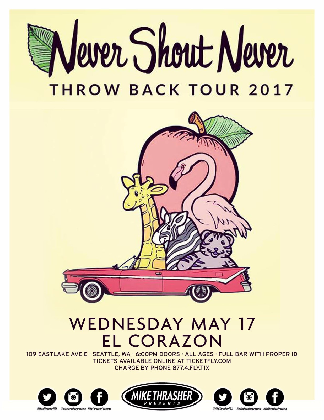 NEVER SHOUT NEVER “THROW BACK TOUR 2017” SEATTLE CONCERT POSTER -Alt /Indie Rock