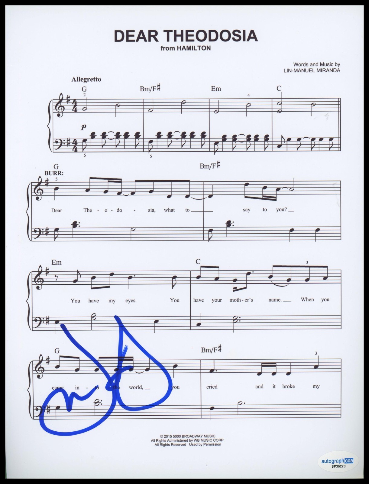 Leslie Odom Jr. “Hamilton” AUTOGRAPH Signed ‘Dear Theodosia’ Sheet Music ACOA