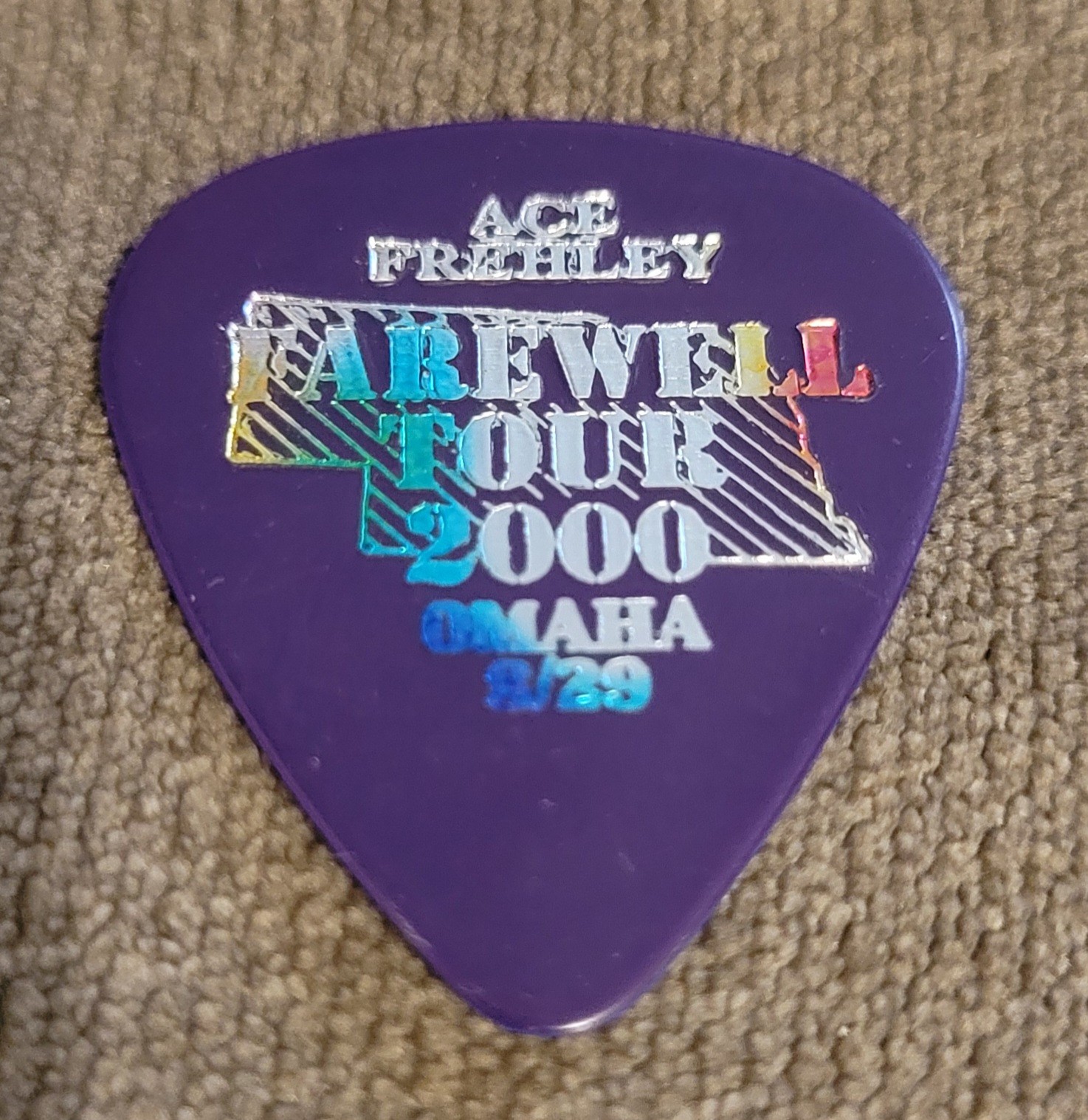 Ace Frehley KISS 2000 Farewell Tour Guitar Pick – Omaha NE 8/29 Purple Holograph