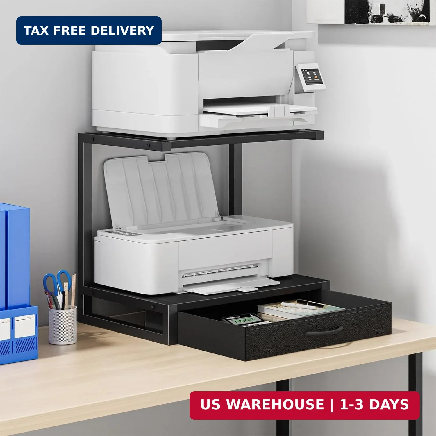 YAOHUOO 2-Tier Desktop Printer Stand with Fabric Drawer,17.3″x11.8″ Black | Prin