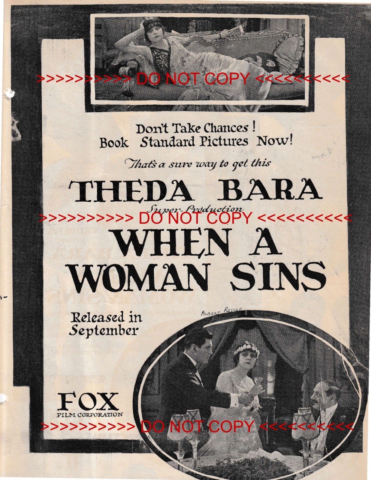1918 SILENT FILM WHEN A WOMAN SINS THEDA BARA, KULTUR GLADYS BROCKWELL AD POSTER