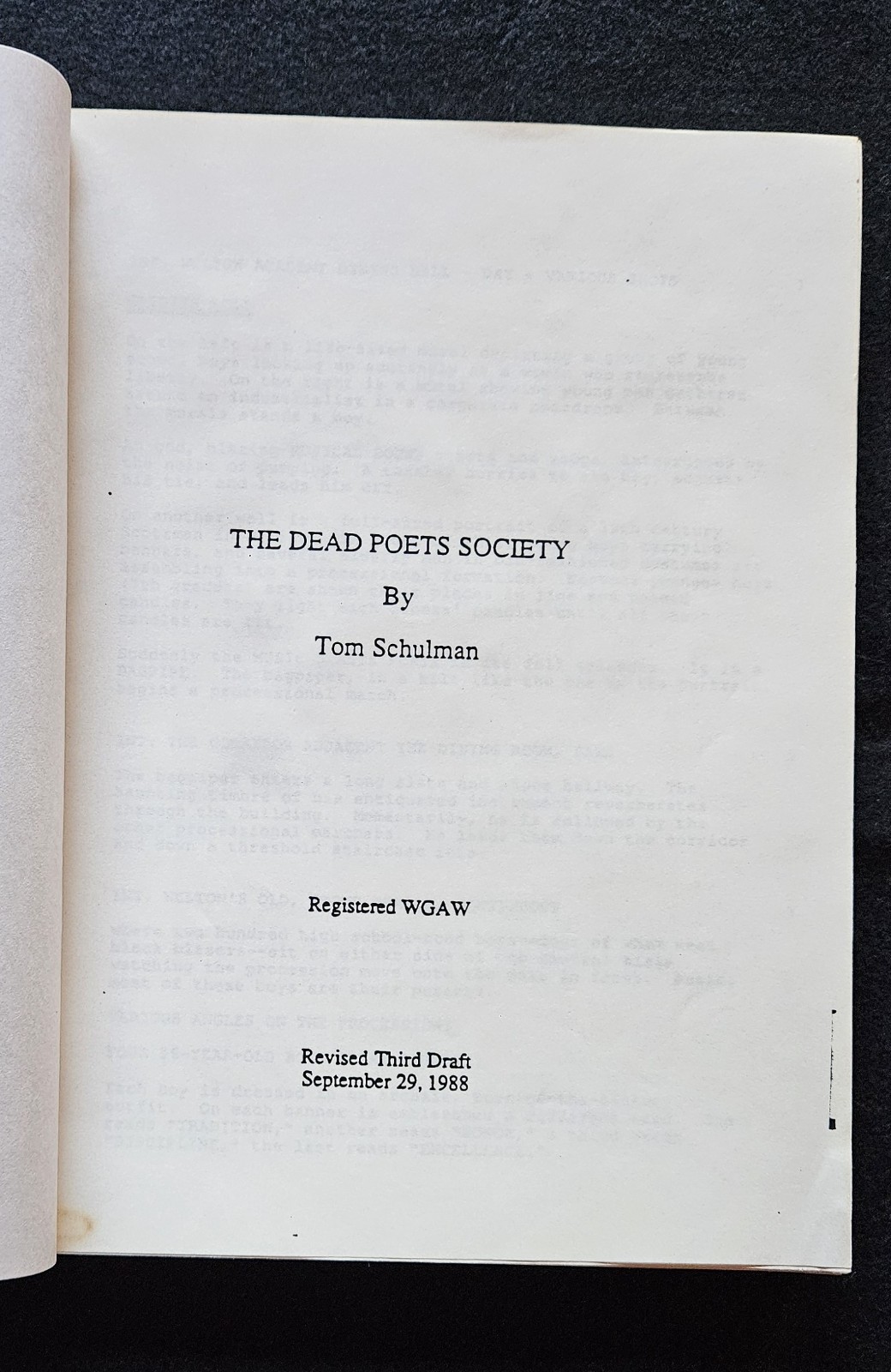 DEAD POETS SOCIETY Original 1988 Studio Film Script Revised Third Draft Schulman