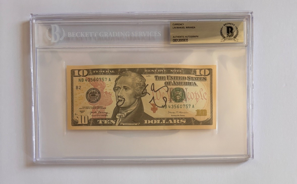 LIN MANUEL MIRANDA SIGNED $10 BILL US MONEY HAMILTON BROADWAY PLAY SLAB BAS