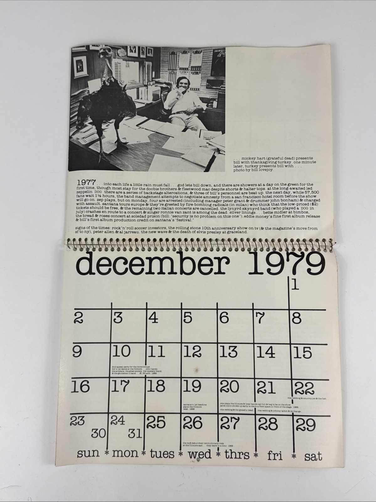 Vintage BILL GRAHAM Presents 1979 Calendar Janis Joplin Rolling Stones Fillmore
