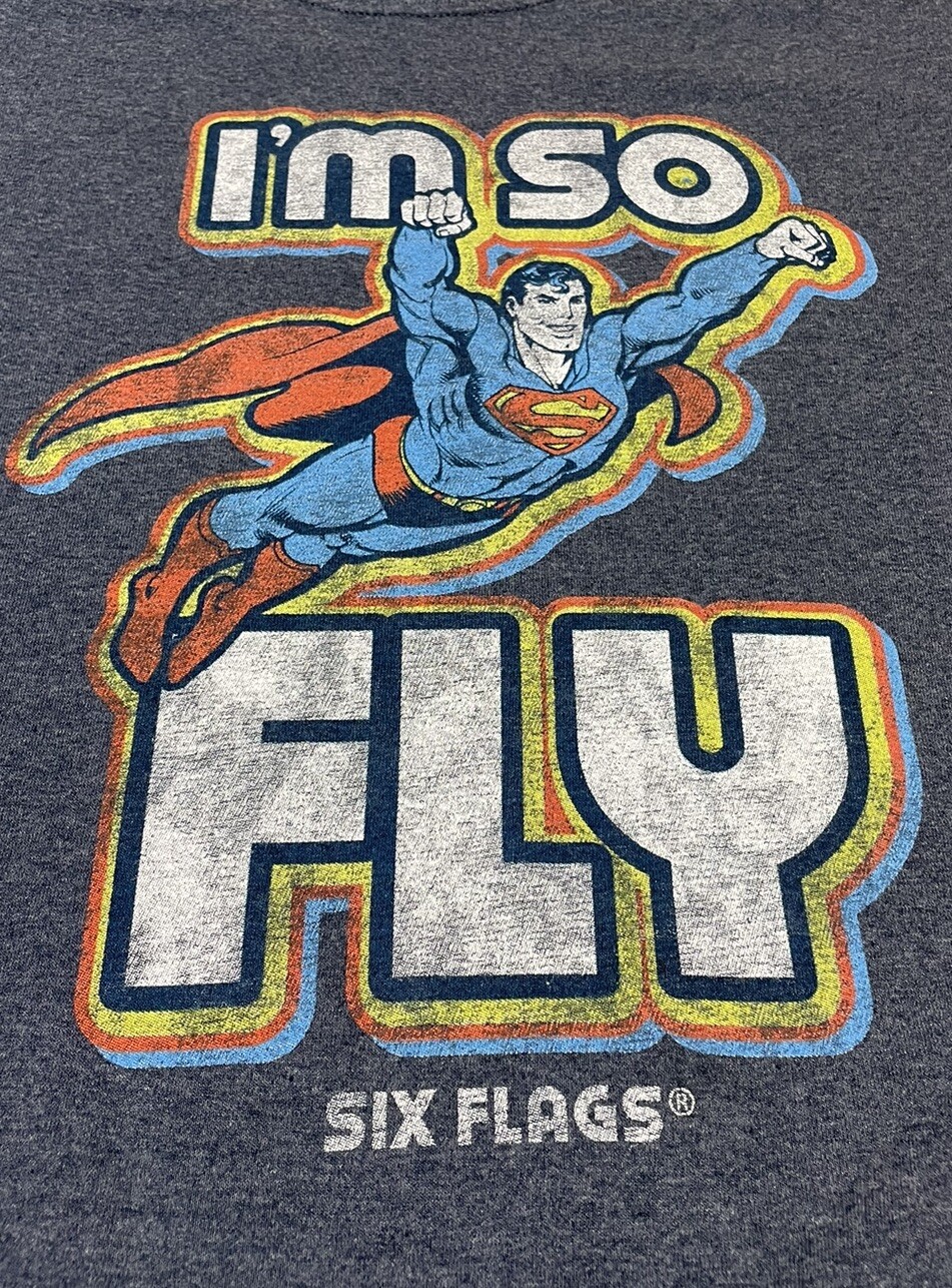 (S) SUPERMAN Six Flags Amusement Park “IM SO FLY” Adult RETRO style Graphic Tee