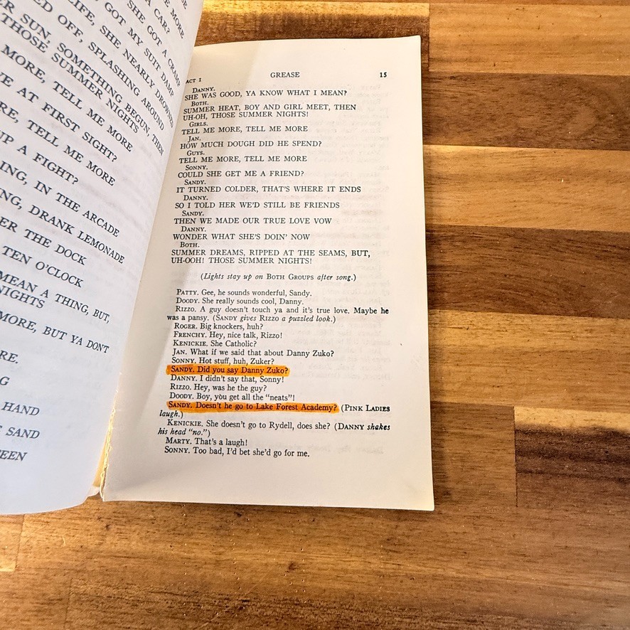 Vintage Grease Musical Script Book Samuel French: Sandy’s Highlighted Lines