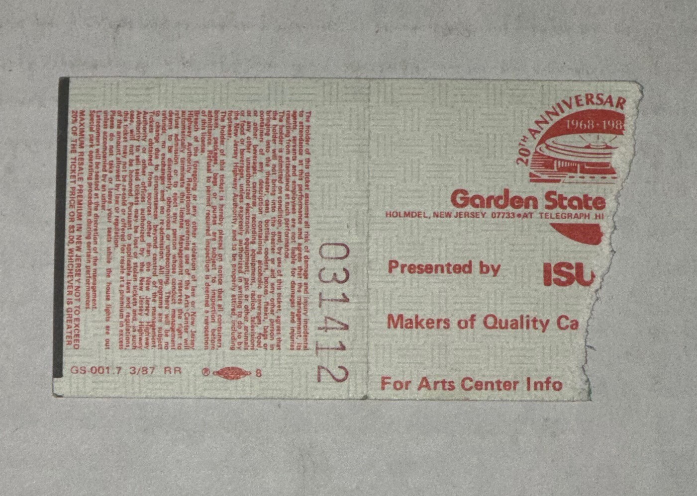 Thompson Twins Concert Ticket Stub 8/1/87 Garden State Arts Center New Jersey NJ